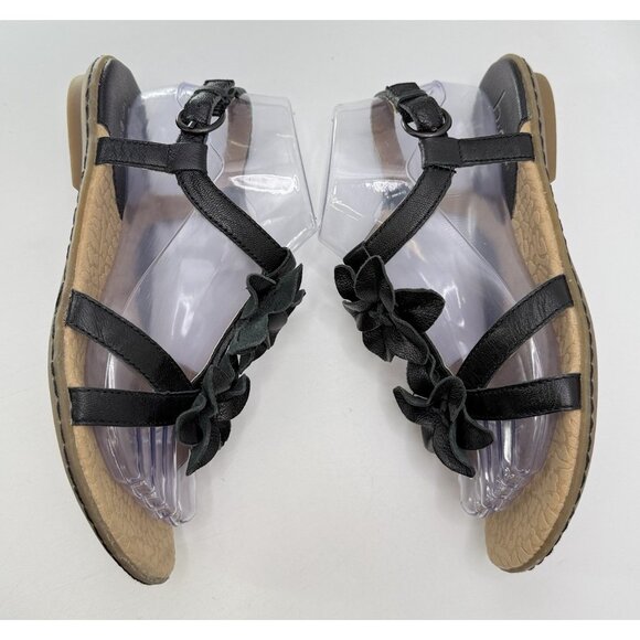 B.O.C. Børn Strappy Sandals Black Leather Flowers Flat Heel Sz 7/38 Preppy Boho - Picture 4 of 10